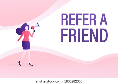 Refer a friend concept design, people share info about referral and earn money. Suitable for web landing page, mobile app, banner template. Vector Illustration.