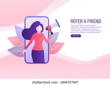 Référez-vous à une conception de concept ami, les gens partagent des informations sur le parrainage et gagnent de l'argent. Adapté à la page de lancement web, à l'application mobile, au modèle de bannière. Illustration vectorielle.