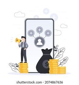 Refer A Friend Concept Design, People share info about referral and earn money. Suitable for web landing page, ui, mobile app, banner template. Vector Illustration