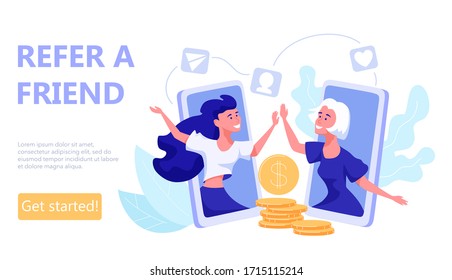 Refer a friend concept. Earn with affiliate or referral program. Woman tell her friend about action and they both benefited. Template for web landing page, banner, presentation,poster, or print media