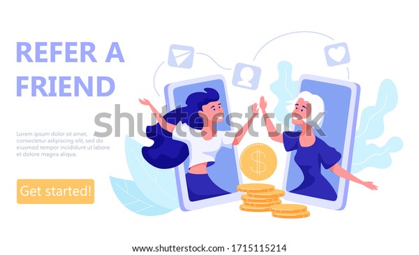 Refer a friend concept. Earn with affiliate or\
referral program. Woman tell her friend about action and they both\
benefited. Template for web landing page, banner,\
presentation,poster, or print\
media