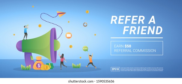 Refer A Friend Concept. Earn Referral Commission, Refer A Customer. Reward And Marketing Programs. Suitable For Web Landing Page, Marketing, Advertising, Promotion, Banner. Vector Illustration