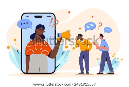 Refer friend concept. Electronic commerce and marketing. Promotion in social networks and messengers. Popular blogger with advertising. Cartoon flat vector illustration isolated on white background