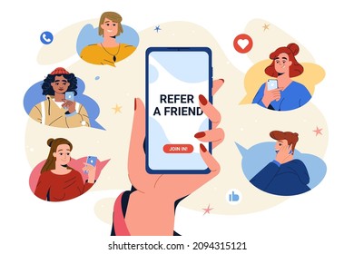 Refer A Friend Concept. Flat Hand Hold Phone To Invite Friends For Community Or Social Media Group And Earn Rewards, Money Bonus. Online Referral Program. Teenagers In Speech Bubbles Follow And Join.