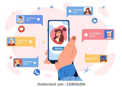 Refer A Friend Concept. Flat Hand With Smartphone To Invite Friends For Community On Social Media Group. Earn Rewards, Money Bonus From Online Referral Program. Teenagers Follow And Join To Influencer