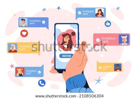 Refer a friend concept. Flat hand with smartphone to invite friends for community on social media group. Earn rewards, money bonus from online referral program. Teenagers follow and join to influencer