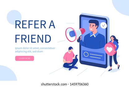 Refer a friend concept.  Flat isometric vector illustration isolated on white background.