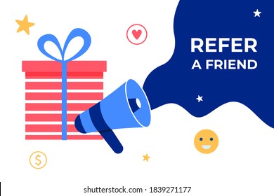 Refer a friend concept. Gift box, megaphone and lettering. Referral and loyalty program. Vector illustration