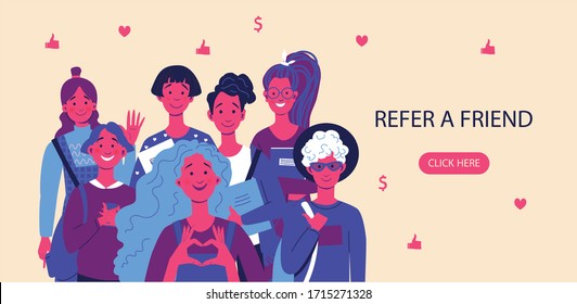 Refer A Friend Concept With A Group Of Happy Friends Waving At The Camera. Landing Page, Template, Ui, Web, Mobile App, Poster, Banner, Flyer.