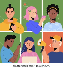 Refer a friend concept with a group of young people talking using smartphones and laptops. Referral loyalty program, promotion method. Vector illustration isolated 