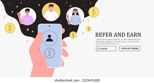 Refer a friend concept. Hands hold phone with contacts of friends. Business partnership strategy with group of people. Social media marketing for friends or Influencer web banner template.