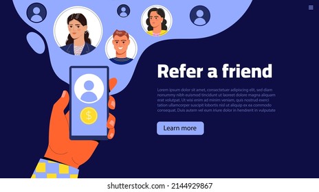 Refer a friend concept. Hands hold phone with contacts of friends. Social media marketing for friends or Influencer web banner template Vector illustration flat style. Landing page template