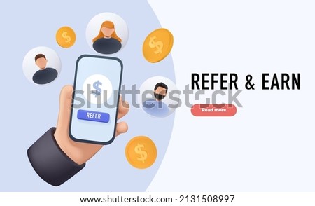 Refer a friend concept. Hands hold phone with contacts of friends. Business partnership strategy with group of people. Social media marketing for friends or Influencer web banner template. 3D vector