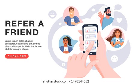 Refer a friend concept. Hands holding phone with contacts of friends. Business partnership strategy with group of people. Social media marketing for friends. Landing page template. Vector. - Shutterstock ID 1478144552