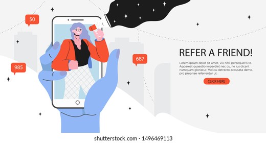 Refer a friend concept. Hands holding smartphone with a girl shouting in loud speaker. Refferal marketing strategy  banner, landing page template, ui, web, mobile app, poster, banner, flyer.