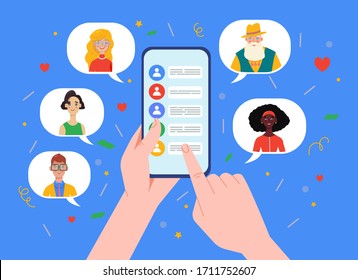 Refer a friend concept with a Hands holding a phone with a list of friends contacts. Friend concept, international communication, online chat. 