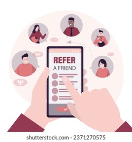 Refiérase a un amigo, concepto. Las manos usan teléfono móvil con contactos de amigos. Estrategia para la asociación empresarial con grupos de personas. Marketing en medios sociales. Nuevos seguidores y suscriptores. vector plano