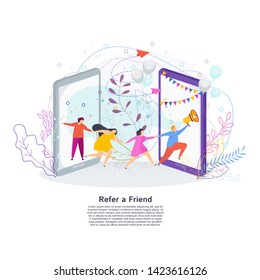 Refer a friend concept. Invitation by referral program. A man with a megaphone invites his friends to a new site. Word-of-mouth to promote services or products. Trendy flat vector style.