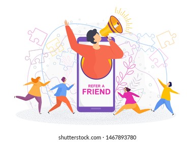 Refer A Friend Concept. Invitation By Referral Program. A Man With A Megaphone Invites His Friends To A New Site. Word-of-mouth To Promote Services Or Products. Trendy Flat Vector Style.