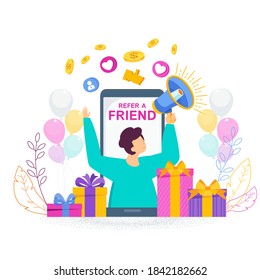 Refer a friend concept. Invitation by referral program. A man with a megaphone invites his friends to a new site. Word-of-mouth to promote services or products. Trendy flat vector style.