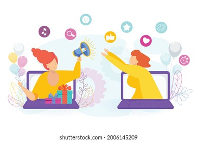 Refer a friend concept. Invitation by referral program.Goods and services for women. A girl with a loudspeaker calls her friend to the site. Loyalty program, bonuses and gifts.