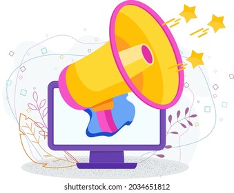 Refer a friend concept. Invitation by referral program. Megaphone invites his friends to a new site. Word-of-mouth to promote services or products. Trendy flat style.