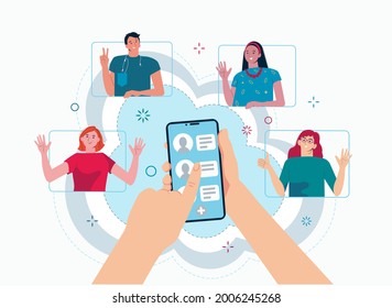 Refer a friend concept for landing page, web, template, mobile app, ui. Hands holding phone with contacts of friends. Social media and referal marketing. Flat cartoon illustration 