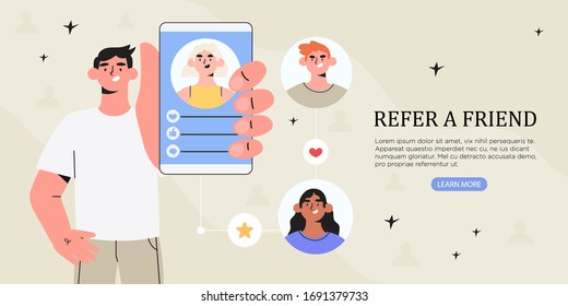 Refer A Friend Concept With Man Holding Smartphone With His Friends Social Media Profile Pages Or User Accaunt. Refferal Marketing Strategy  Banner, Landing Page Template, Ui, Web, Banner, Flyer.