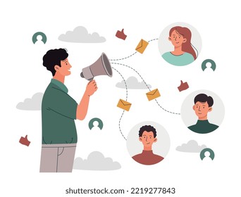 Refer friend concept. Man with loudspeaker encourages friends and acquaintances to buy product or service. Modern methods of marketing. Advantageous offer for users. Cartoon flat vector illustration