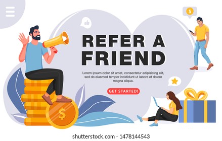 Refer Friend Concept Man Megaphone Invites Stock Vector (Royalty Free ...