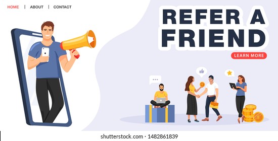 Refer a friend concept. Man with a megaphone invites his friends to referral program. People share info about referral program. Social media marketing for friends. Vector.