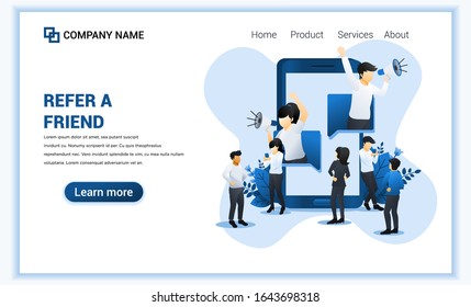 Refer a friend concept with a man and woman come out from smartphone and shout on megaphone for referral program. Can use for landing page, web banner, web template. Vector illustration