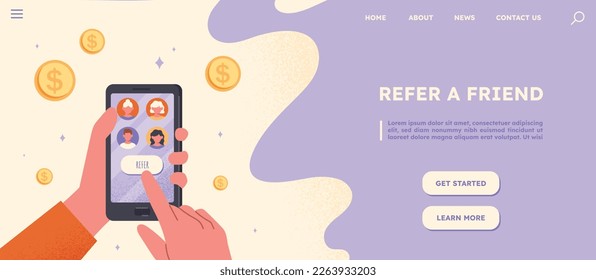 Refer friend concept. Marketing and promotion on Internet. Social networks and communication, interaction. Landing page design. Advertising and referral program. Cartoon flat vector illustration