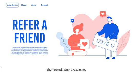 Refer friend concept. Mobile communication. Man woman character sharing referral program code. Guy showing love, girl giving like. Digital marketing strategy. Social media network. Landing page design