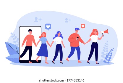 Refer a friend concept. People giving likes, sharing information about referrals on social media and earning money. Vector illustration for influenced marketing or loyal program topics