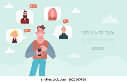 Refer a friend concept. People holding a phone with a list of his best friends profile pages. Use for refferal marketing strategy banner, landing page template, ui, banner, flyer, web, poster.