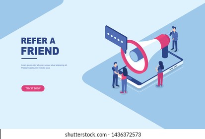 Refer a friend concept, people shout on megaphone, character handshake. Usable as landing page, template, ui, web, mobile app, poster, banner, flyer. Vector illustration