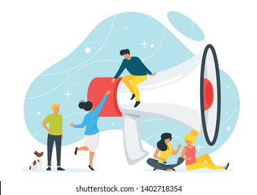 Refer a friend concept with people silhouettes and exaggerated megaphone. Group of friends or clients are talking to each other. Vector illustration isolated on white background.