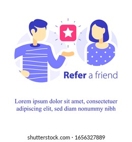 Refer a friend concept, referral program, two people talking, recommend application, business promotion, tell about service, giving advice, suggesting product, attract new customers