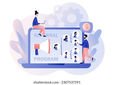 Refer a friend concept. Referral program strategy. Network marketing. Social media marketing. Business partnership. Modern flat cartoon style. Vector illustration on white background
