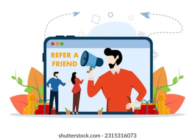 Refer a friend concept. Referral program vector illustration, man using megaphone with referring friend word, use for landing page, ui, web template, mobile app, poster, banner. vector illustration.
