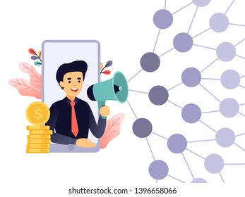 Refer a friend. Concept of referrals and followers on the Internet and business. Businessman shout on megaphone to abstract group of people. Teamwork icons. Successful leader and Manager.