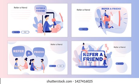  Refer a friend concept. Screen template for mobile smart phone, landing page, template, ui, web, mobile app, poster, banner, flyer. Modern flat cartoon style.  Vector illustration