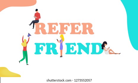 Refer friend concept with small people, 
it can be used for landing page, website, template, mobile app, poster, banner, flyer.