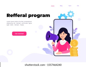 Refer a friend concept. Smartphone with a girl shouting in loud speaker. Refferal marketing strategy banner, landing page template, ui, web, mobile app, poster, banner, flyer