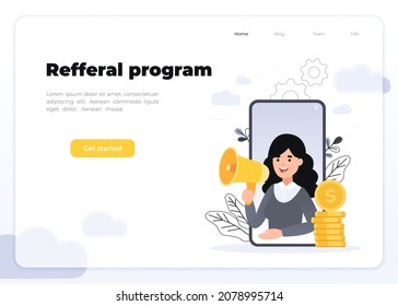 Refer a friend concept. Smartphone with a girl shouting in loud speaker. Refferal marketing strategy banner, Glassmorphism landing page concept.