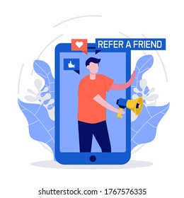 Refer a friend concept with smartphone and megaphone. Person shares info about referral and earns money. Suitable for web landing page, ui, mobile app, banner template. Modern flat style illustration.