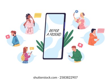 Refer friend concept. Smartphone mobile app loyalty referral program concept, earn money to invite people online recommend social media network like marketing vector illustration original artwork