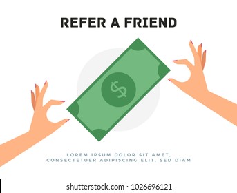 Refer A Friend Concept. Vector Illustration Of Two Hands And Dollar Currency Banknote. Hand Sharing Money.