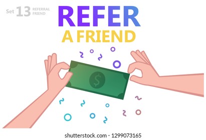 Refer a Friend Concept. Vector Illustration of two hands and Dollar Currency Banknote. Hand sharing money. - Vector